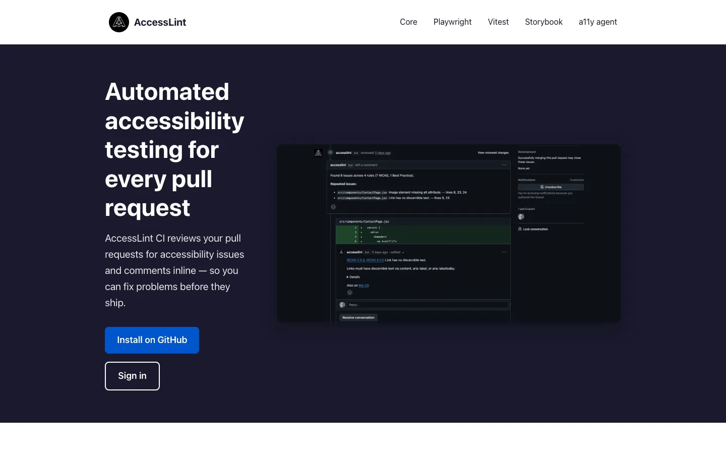หน้าเว็บ accesslint.com บริการตรวจ accessibility อัตโนมัติในทุก pull request พร้อมตัวอย่างคอมเมนต์ที่บอทฝากไว้ใน PR