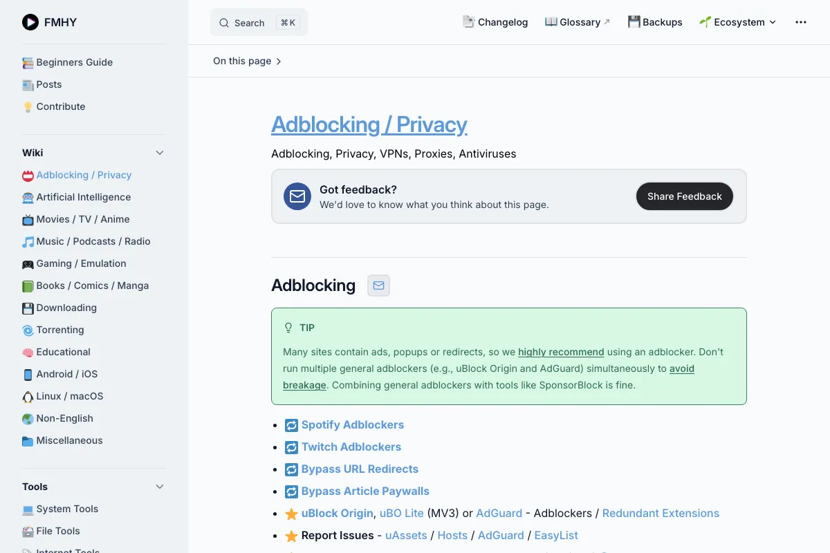 หน้า Adblocking / Privacy ของ FMHY แสดงรายการ Adblocker, VPN, Proxy ที่แนะนำ