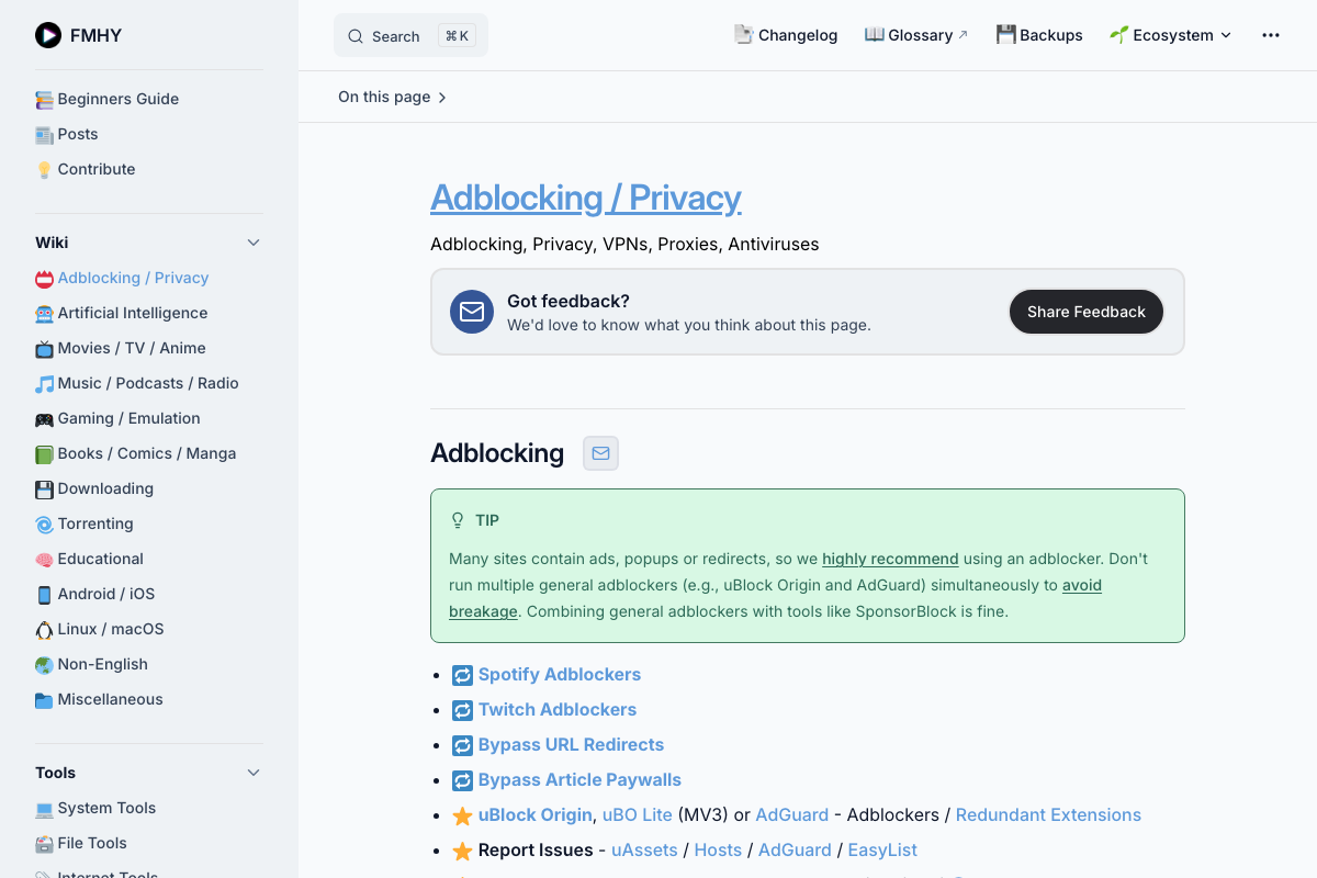 หน้า Adblocking / Privacy ของ FMHY แสดงรายการ Adblocker, VPN, Proxy ที่แนะนำ