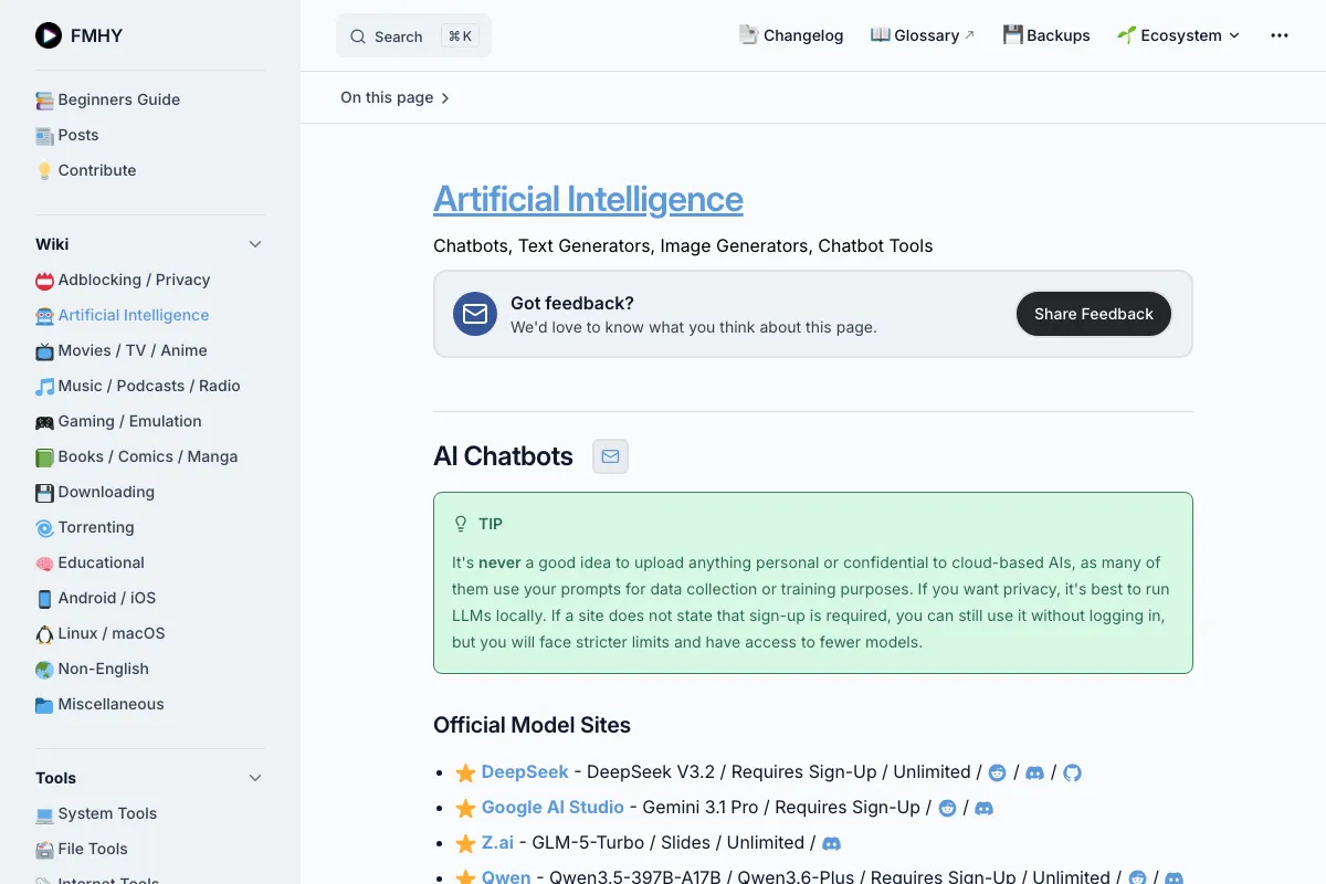 หน้า Artificial Intelligence ของ FMHY แสดงรายการ AI Chatbots และ Official Model Sites