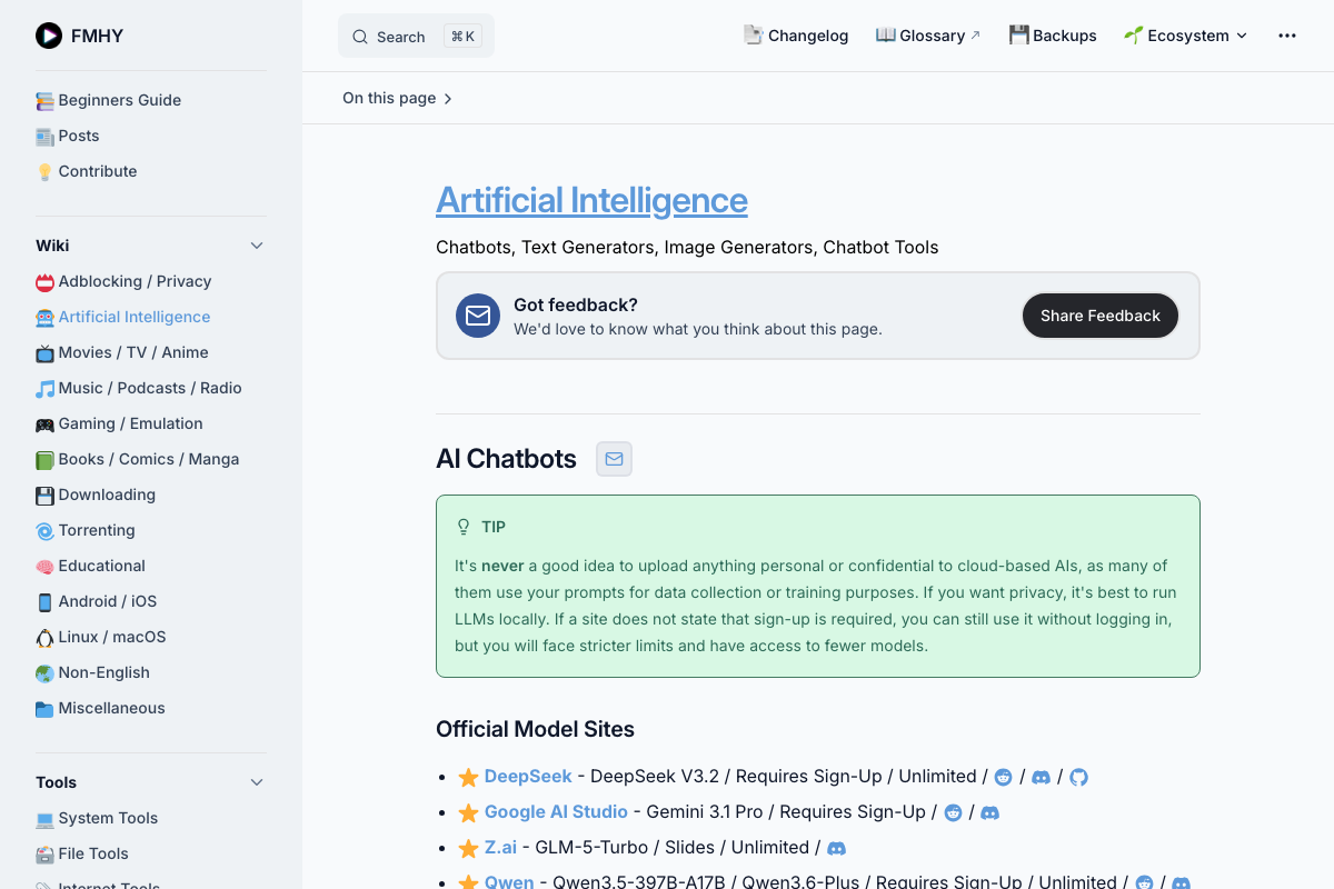 หน้า Artificial Intelligence ของ FMHY แสดงรายการ AI Chatbots และ Official Model Sites
