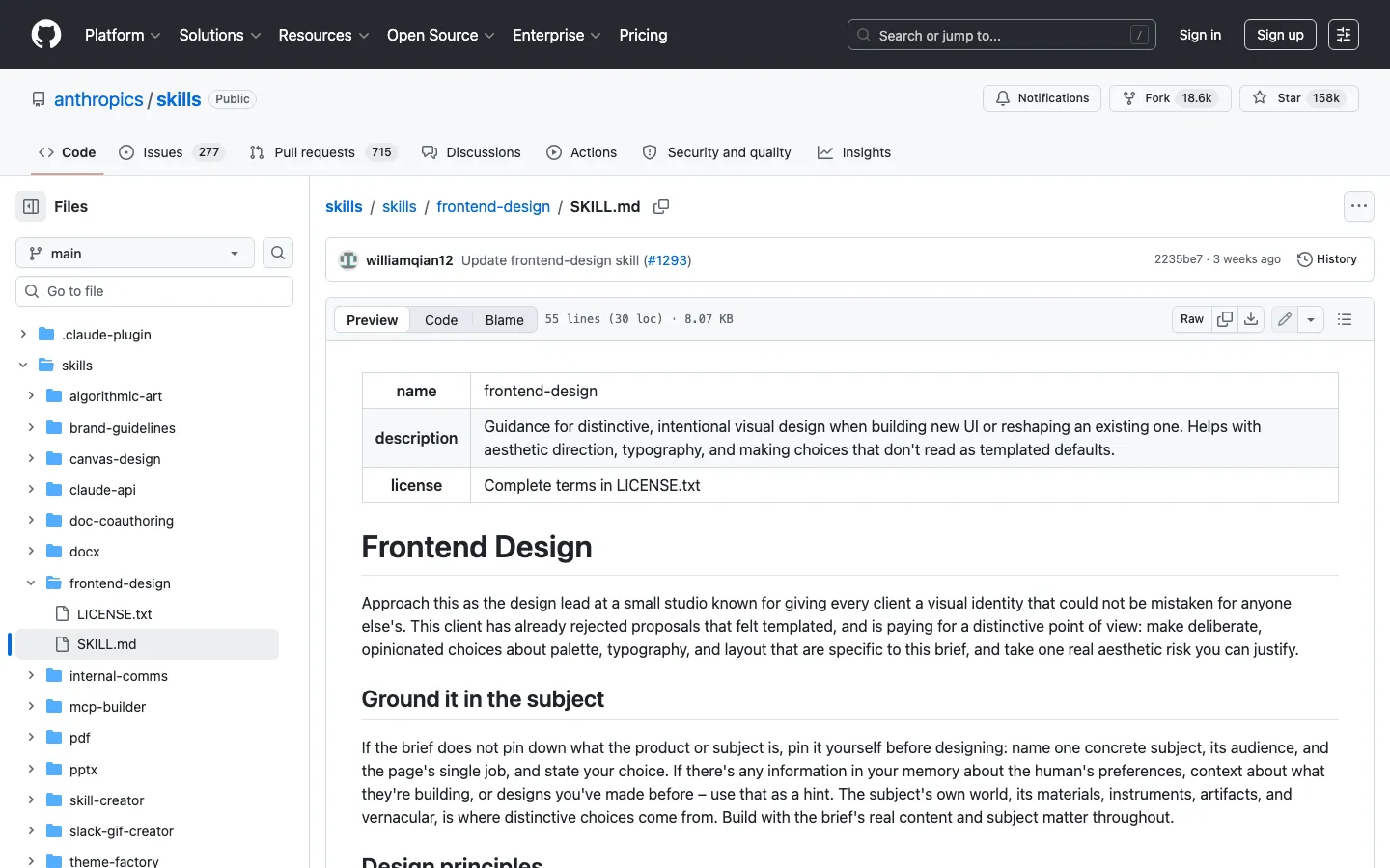 ไฟล์ SKILL.md ของ frontend-design ใน repo anthropics/skills เปิดเรื่องด้วยการให้ agent สวมบท design lead ที่ลูกค้าปฏิเสธงานแนว template มาแล้ว