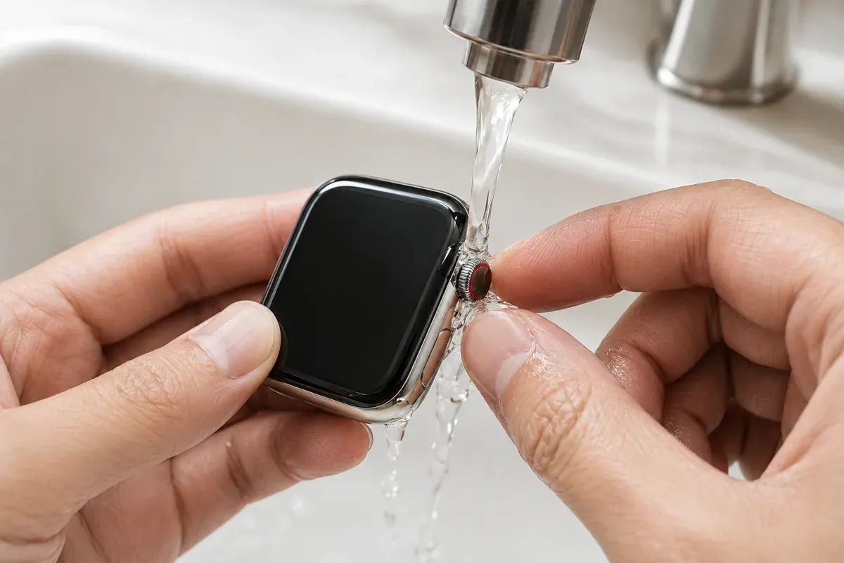 เอาเม็ดมะยม Apple Watch จ่อใต้น้ำจืดอุ่นๆ ที่ไหลเบาๆ พร้อมหมุนและกดเม็ดมะยมไปด้วย