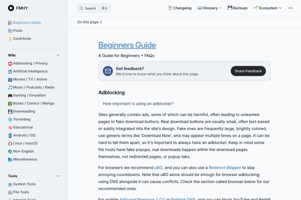 หน้า Beginners Guide ของ FMHY แสดงคำแนะนำเรื่อง Adblocking สำหรับผู้เริ่มต้น