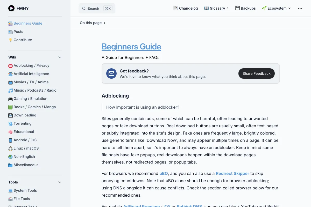 หน้า Beginners Guide ของ FMHY แสดงคำแนะนำเรื่อง Adblocking สำหรับผู้เริ่มต้น