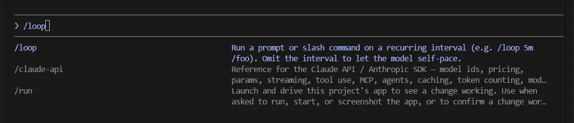 เมนูคำสั่งใน Claude Code แสดงคำสั่ง /loop พร้อมคำอธิบายว่ารัน prompt หรือ slash command ซ้ำตาม interval