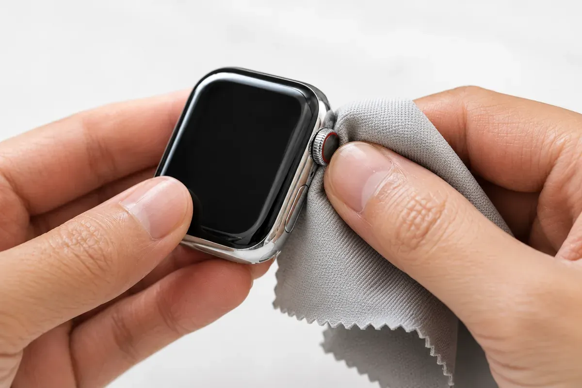 เช็ด Apple Watch ให้แห้งด้วยผ้านุ่มไม่มีขน พร้อมหมุนเม็ดมะยมไล่น้ำออกจากร่อง