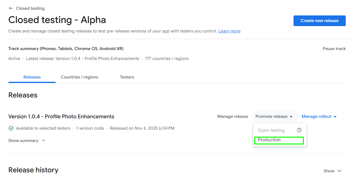 Closed testing page showing the "Promote release" dropdown with Production option