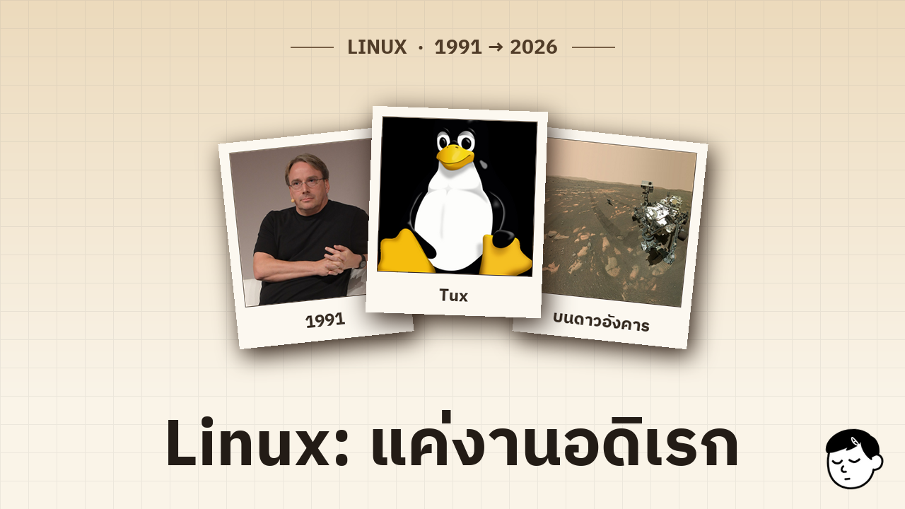 โพลารอยด์สามใบเรียงกันแสดงเส้นทางของ Linux — Linus Torvalds ปี 1991, Tux มาสคอต และยานสำรวจดาวอังคาร พร้อมหัวเรื่อง 'แค่งานอดิเรก'