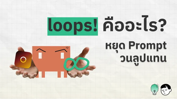 ภาพปกบทความ loops! ตัวการ์ตูนหุ่นยนต์ถือไอคอนกล้องและสัญลักษณ์ลูป พร้อมข้อความ 'loops! คืออะไร? หยุด Prompt วนลูปแทน'