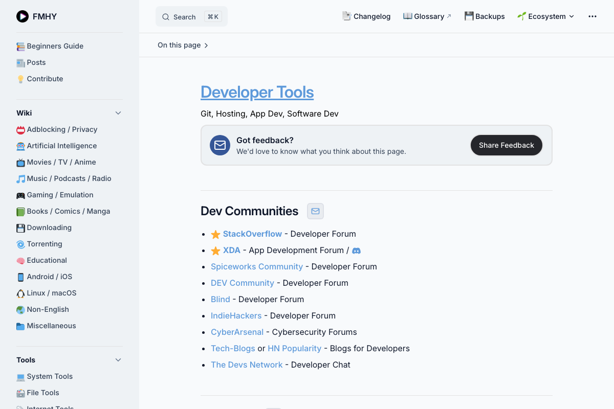 หน้า Developer Tools ของ FMHY แสดง Dev Communities, Forums และทรัพยากรสำหรับนักพัฒนา