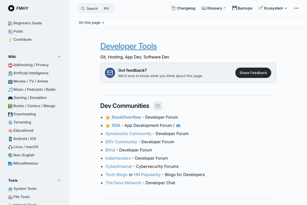 หน้า Developer Tools ของ FMHY แสดง Dev Communities, Forums และทรัพยากรสำหรับนักพัฒนา