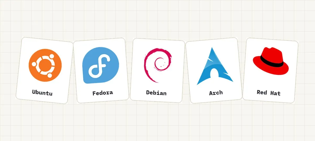 โลโก้ของ distribution Linux หลักๆ ห้าค่าย Ubuntu, Fedora, Debian, Arch และ Red Hat