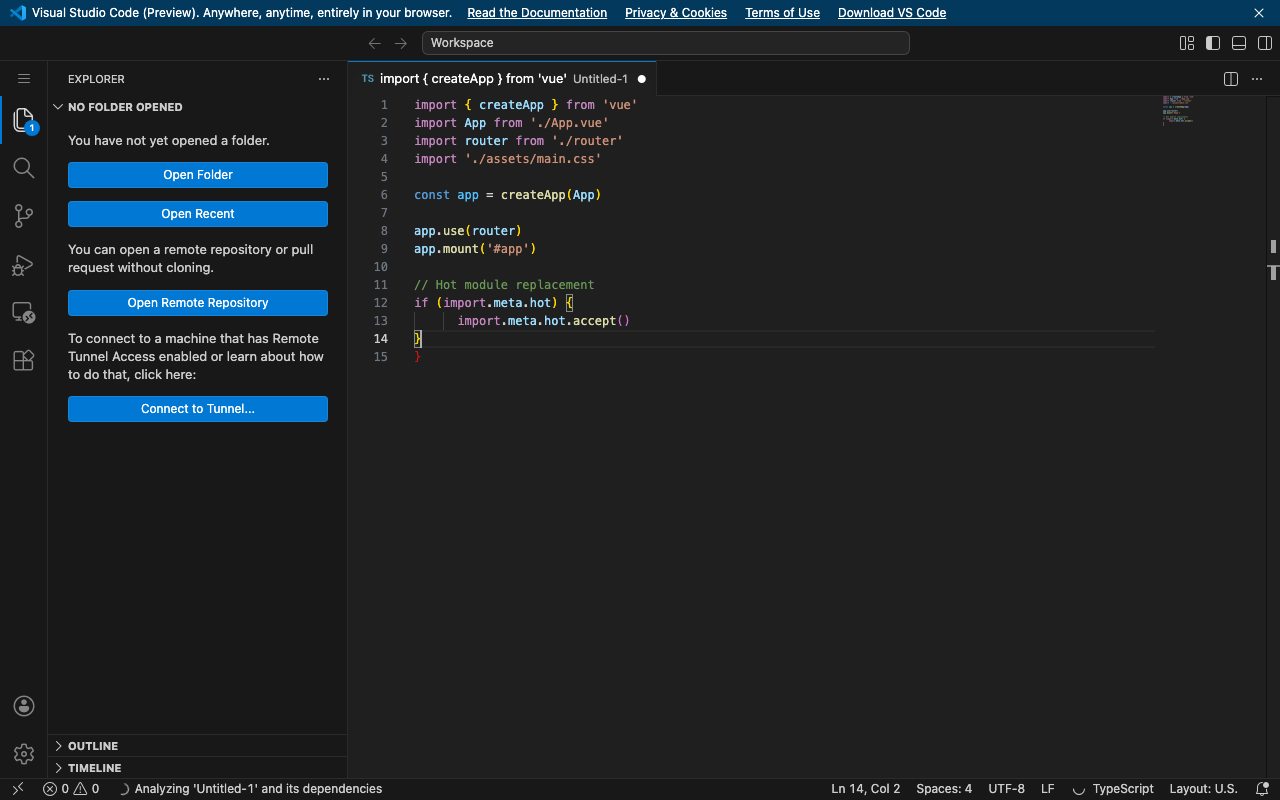 กำลังเขียนโค้ด Vue.js บน vscode.dev พร้อม Syntax Highlighting เต็มรูปแบบ