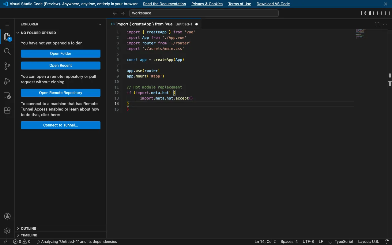 กำลังเขียนโค้ด Vue.js บน vscode.dev พร้อม Syntax Highlighting เต็มรูปแบบ