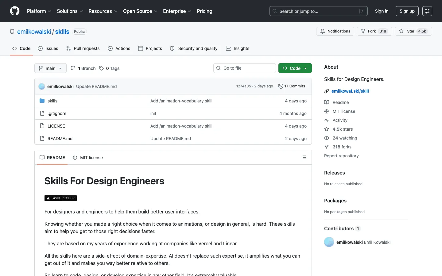 repo emilkowalski/skills บน GitHub ชุด Skills for Design Engineers ดาว 4.5k รวม 3 skill สาย motion ไว้ในที่เดียว
