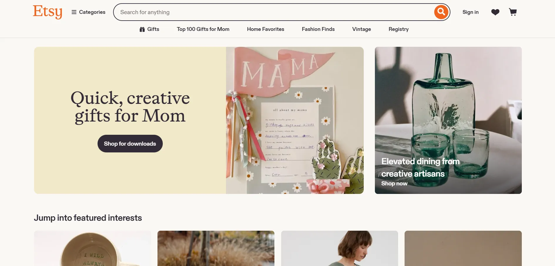หน้าแรก Etsy แสดงคอลเลคชั่น Quick creative gifts for Mom และ Featured interests
