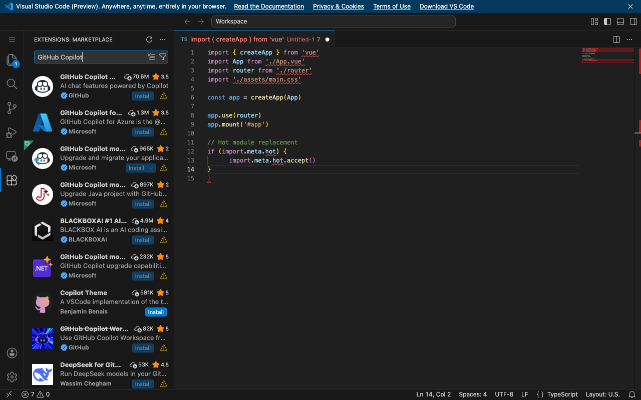 ค้นหา GitHub Copilot ใน Extensions Marketplace บน vscode.dev