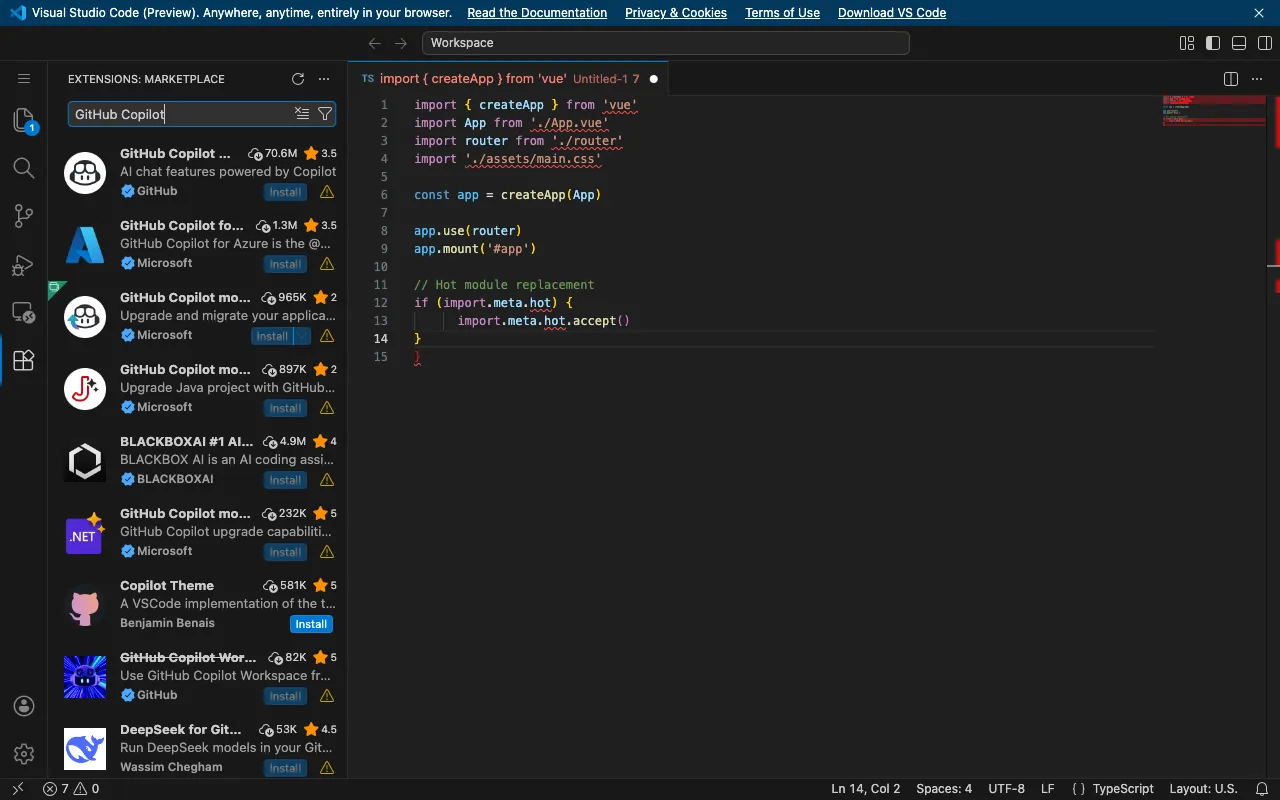 ค้นหา GitHub Copilot ใน Extensions Marketplace บน vscode.dev