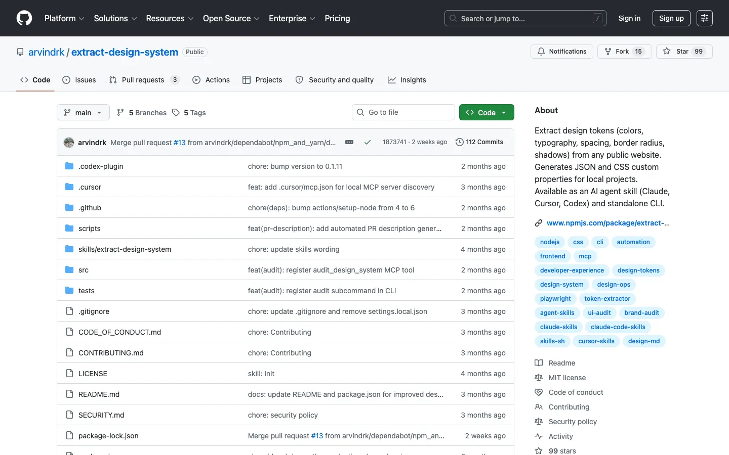 หน้า repo extract-design-system บน GitHub เครื่องมือแกะ design token จากเว็บสาธารณะออกมาเป็น JSON และ CSS custom properties