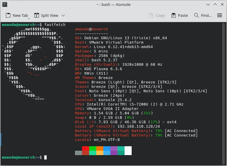 ผลลัพธ์คำสั่ง fastfetch บน Debian 13 แสดงโลโก้ ASCII art ของ Debian พร้อมข้อมูลสเปกเครื่อง เช่น OS, Kernel, CPU, RAM และ GPU