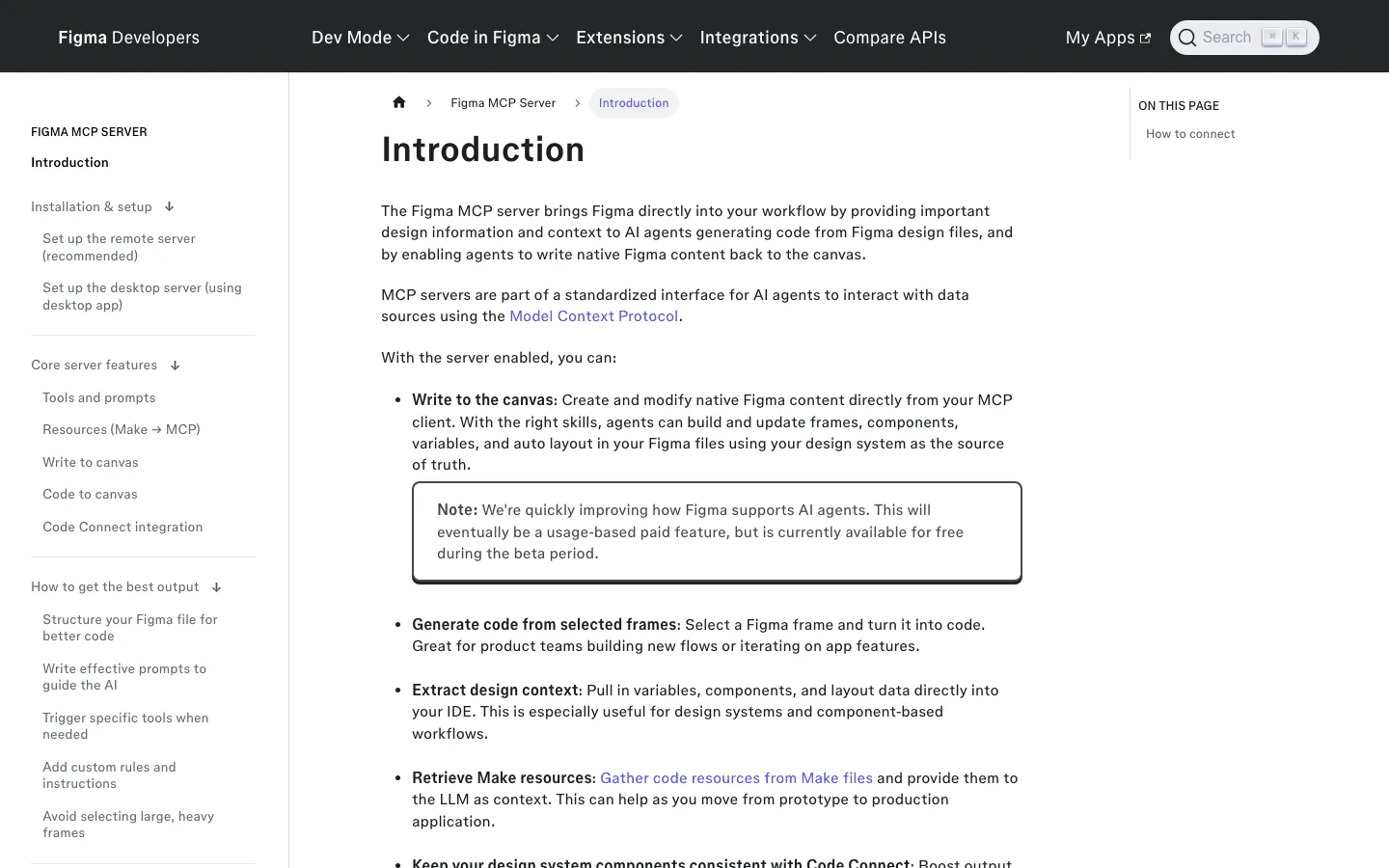 หน้า docs ของ Figma MCP Server บน developers.figma.com อธิบายว่า agent เขียนของลง canvas และ generate โค้ดจาก frame ได้