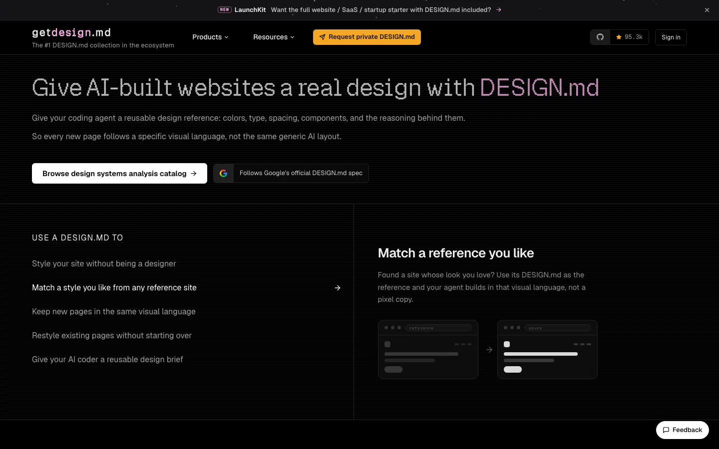 หน้าเว็บ getdesign.md แคตตาล็อก DESIGN.md สำหรับ AI coding agent พร้อมตัวเลือก match สไตล์จากเว็บอ้างอิง