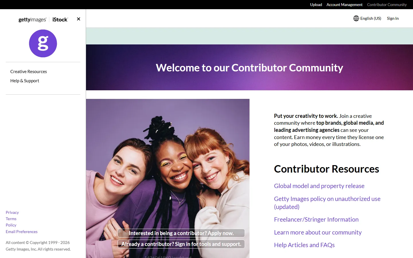 Getty Contributor Community Welcome page