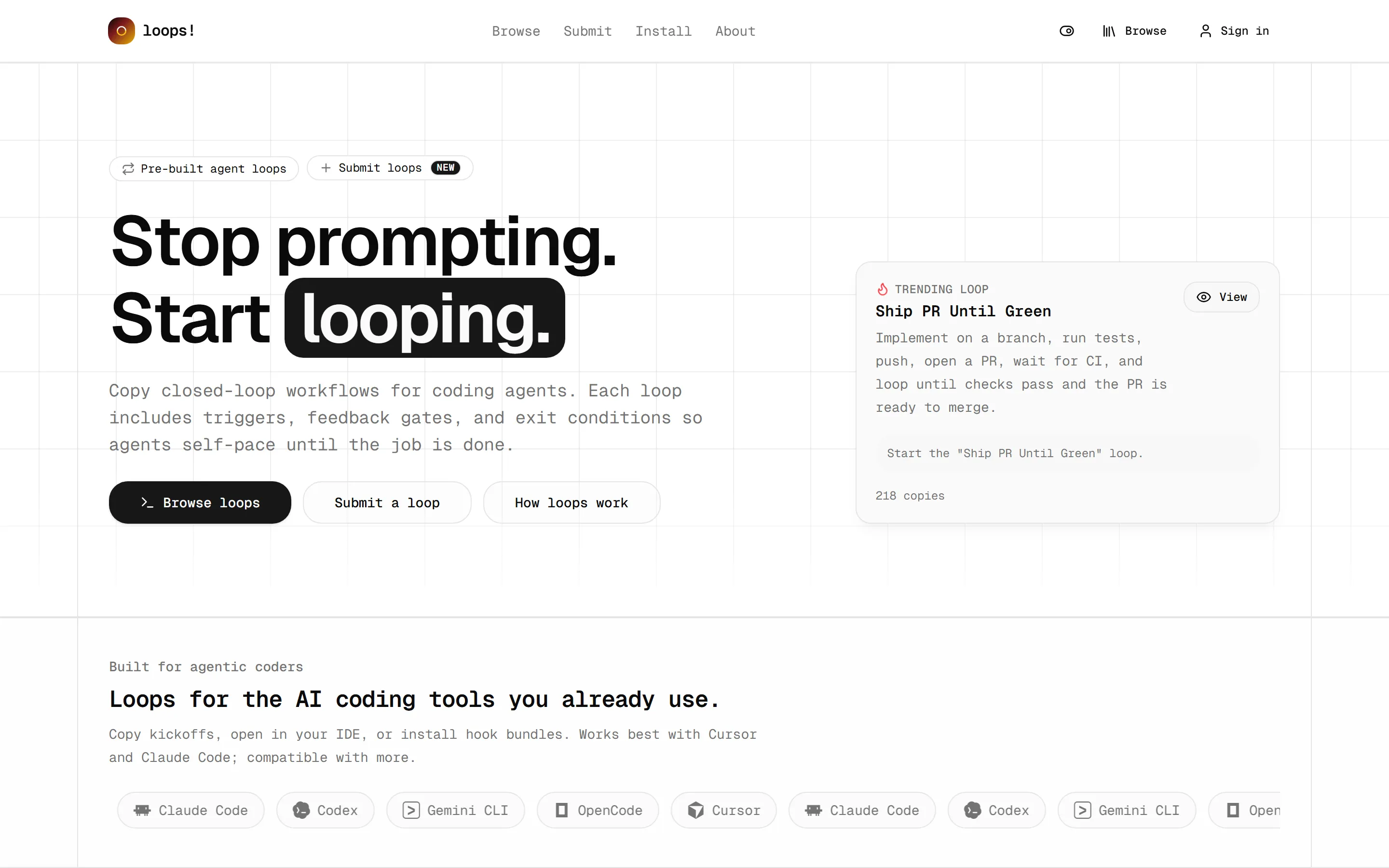 หน้าแรกของ loops! กับสโลแกน Stop prompting. Start looping.