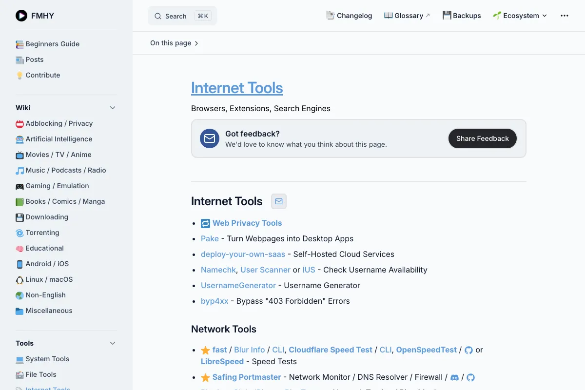 หน้า Internet Tools ของ FMHY แสดง Browsers, Extensions, Search Engines และ Network Tools