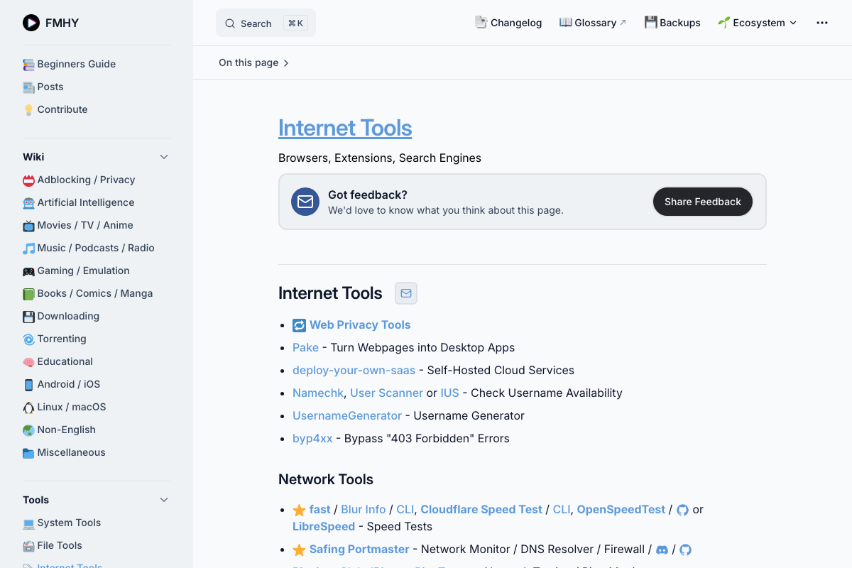 หน้า Internet Tools ของ FMHY แสดง Browsers, Extensions, Search Engines และ Network Tools