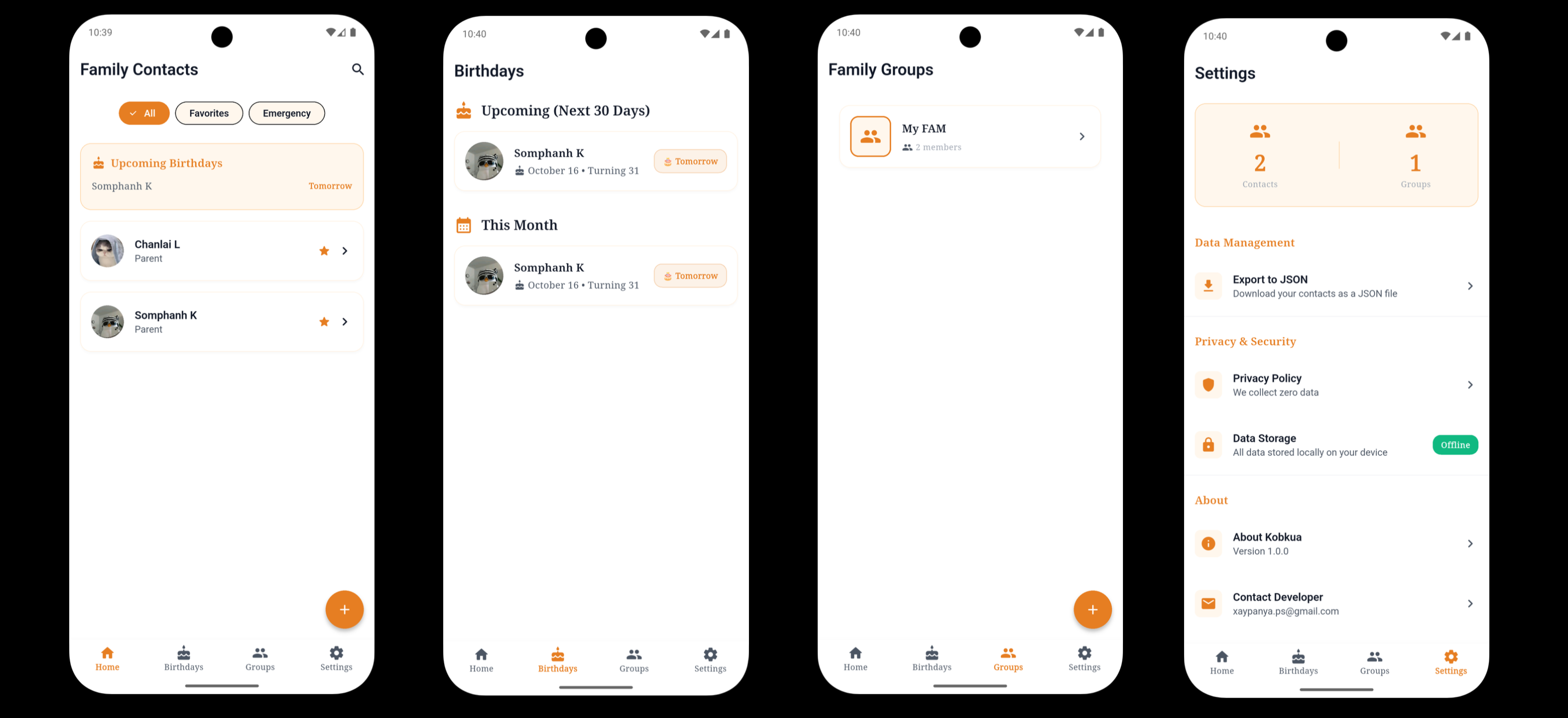 Kobkua app screens — Contacts, Birthdays, Groups, and Settings
