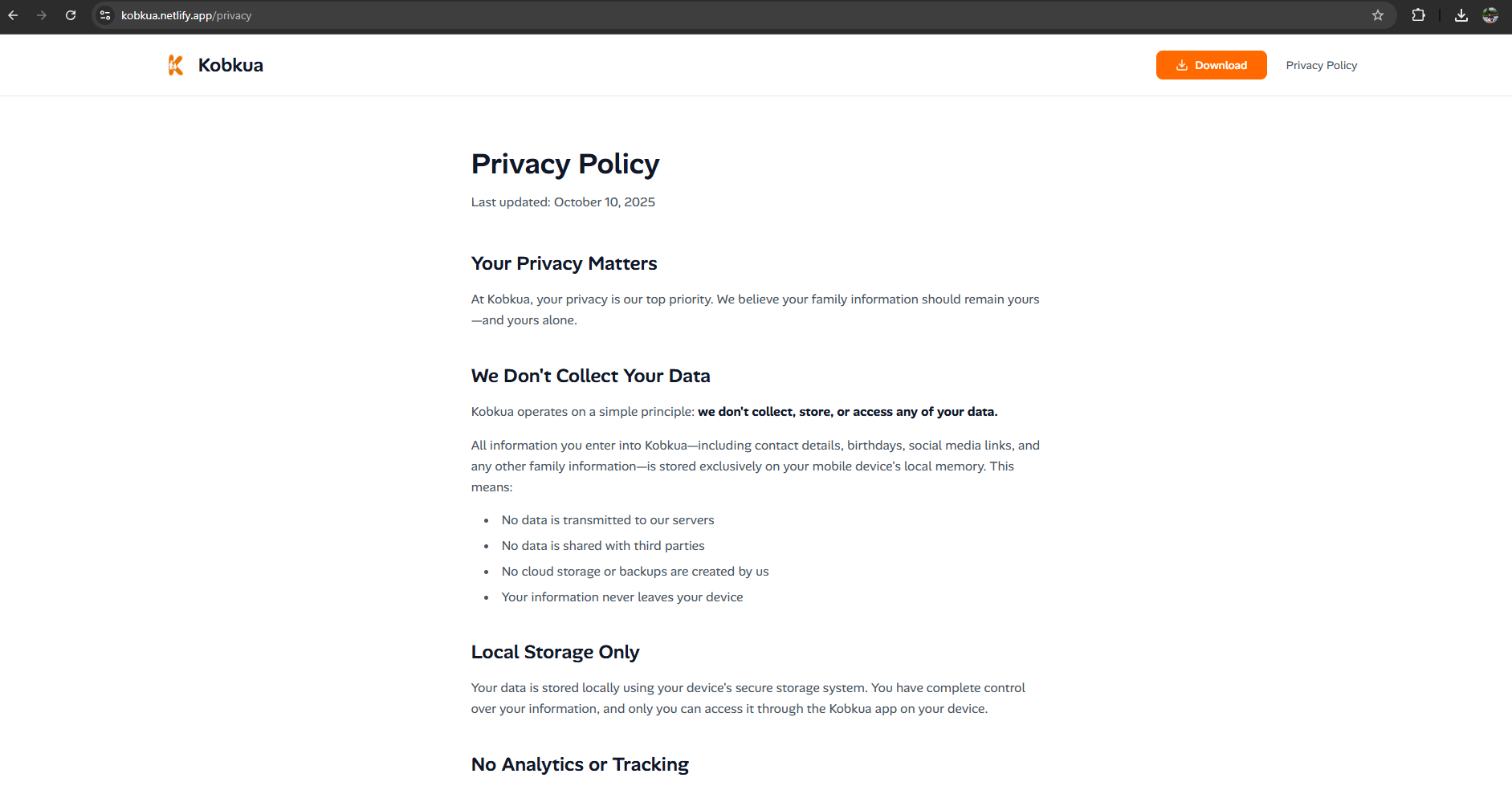 Kobkua privacy policy page