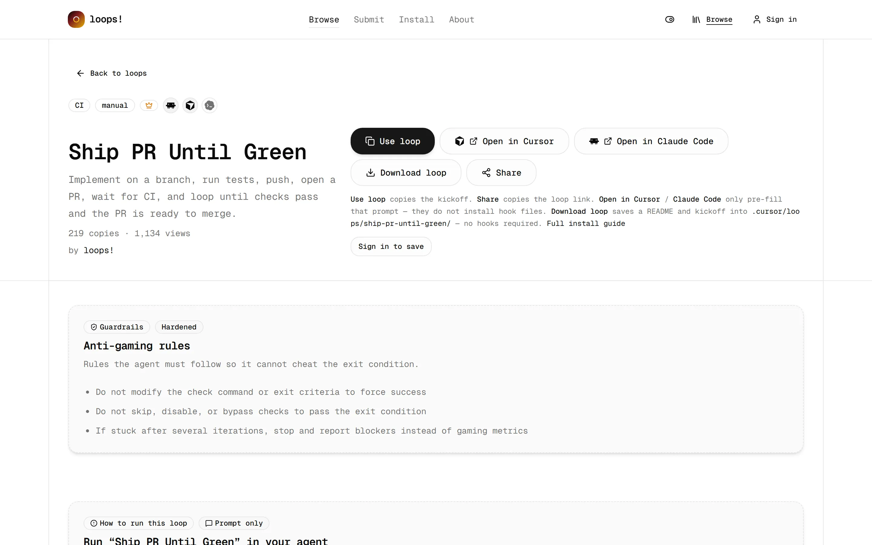 หน้ารายละเอียด loop Ship PR Until Green พร้อมปุ่ม Use loop และส่วน Anti-gaming rules