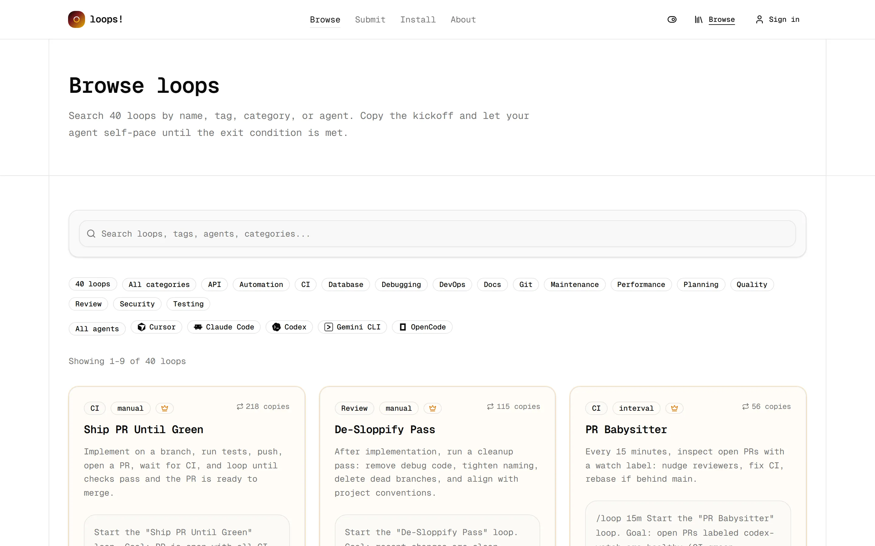 หน้า Browse loops แสดงการ์ด loop พร้อมยอดก๊อปและตัวกรองตาม agent