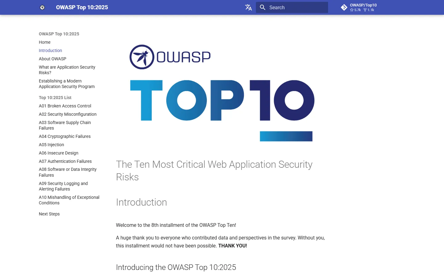 หน้า Introduction ของ OWASP Top 10 พร้อมโลโก้ TOP 10