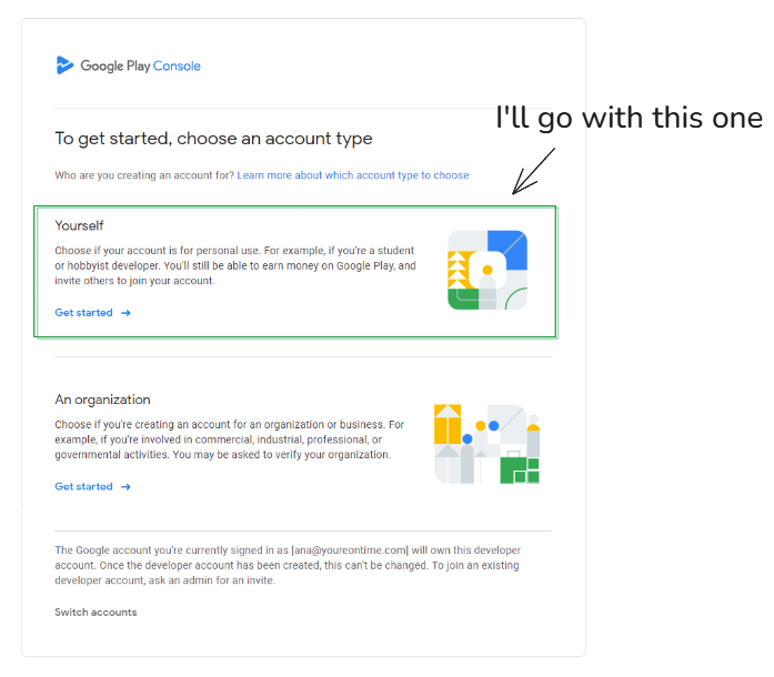 Google Play Console account type selection — choosing "Yourself" for individual developers