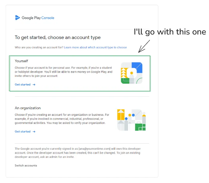Google Play Console account type selection — choosing "Yourself" for individual developers