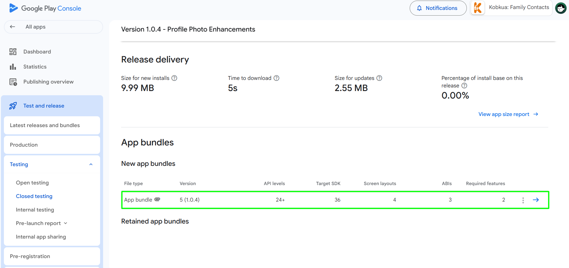 Play Console showing the uploaded app bundle details
