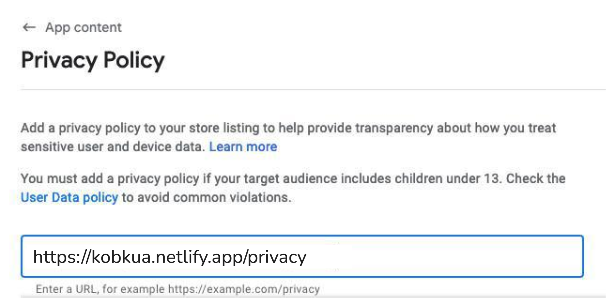 Play Console privacy policy URL input field