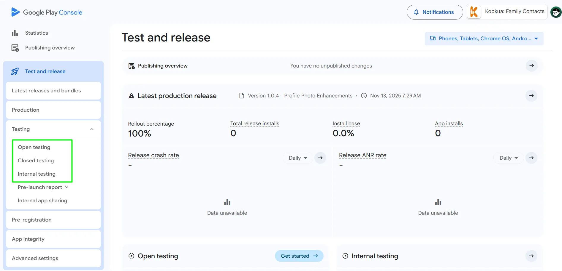 Play Console Test and Release page showing the 3 testing stages