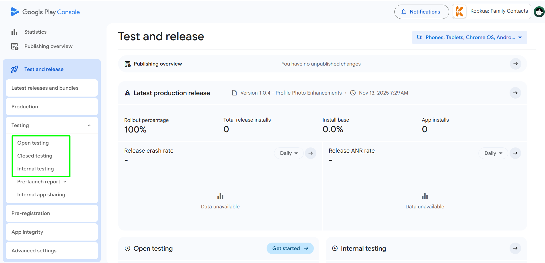 Play Console Test and Release page showing the 3 testing stages