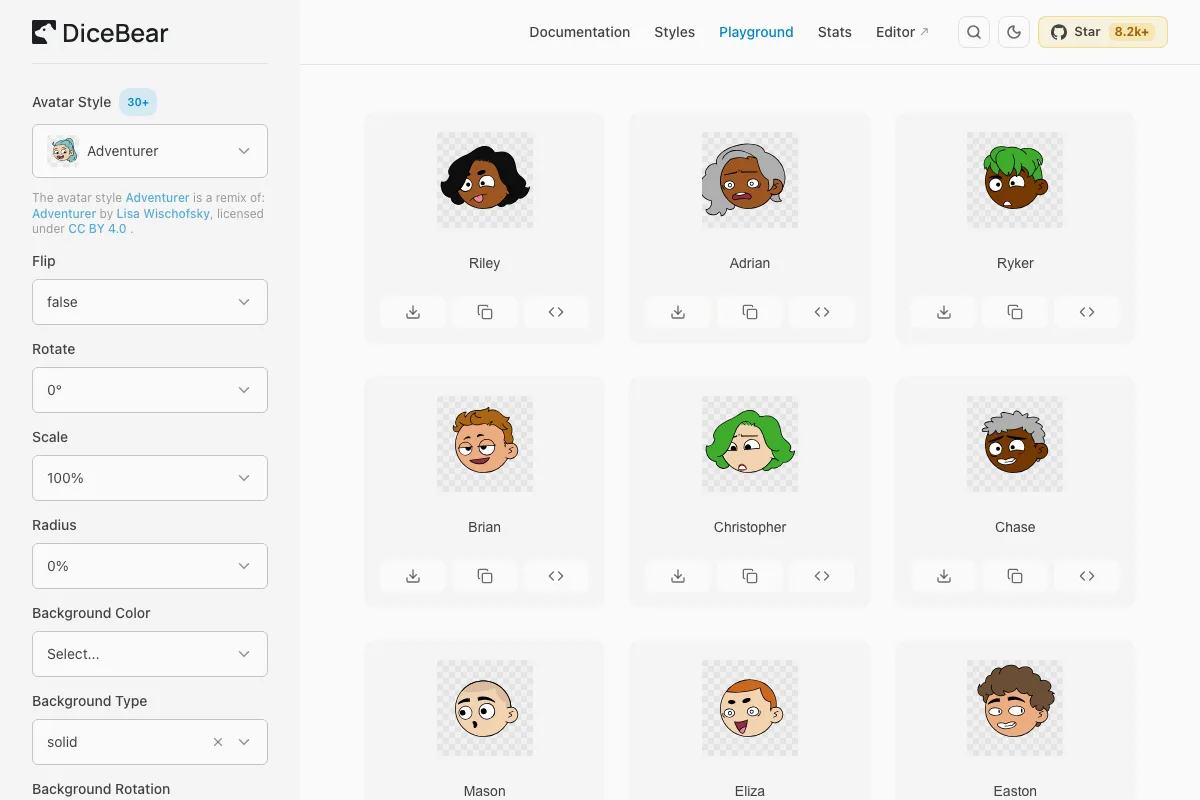 หน้า Playground ของ DiceBear สามารถปรับแต่ง Avatar ได้แบบ visual