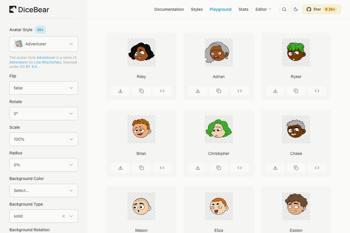 หน้า Playground ของ DiceBear สามารถปรับแต่ง Avatar ได้แบบ visual