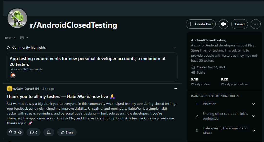 Reddit r/AndroidClosedTesting subreddit — a community dedicated to helping developers find testers