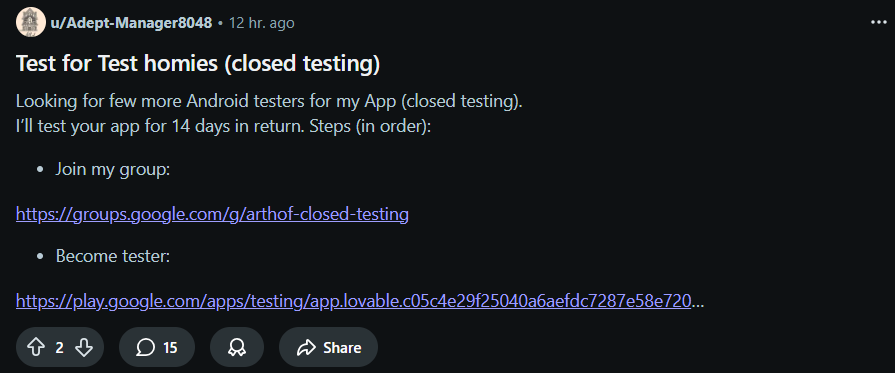 A typical Reddit post where developers exchange testing for each other's apps
