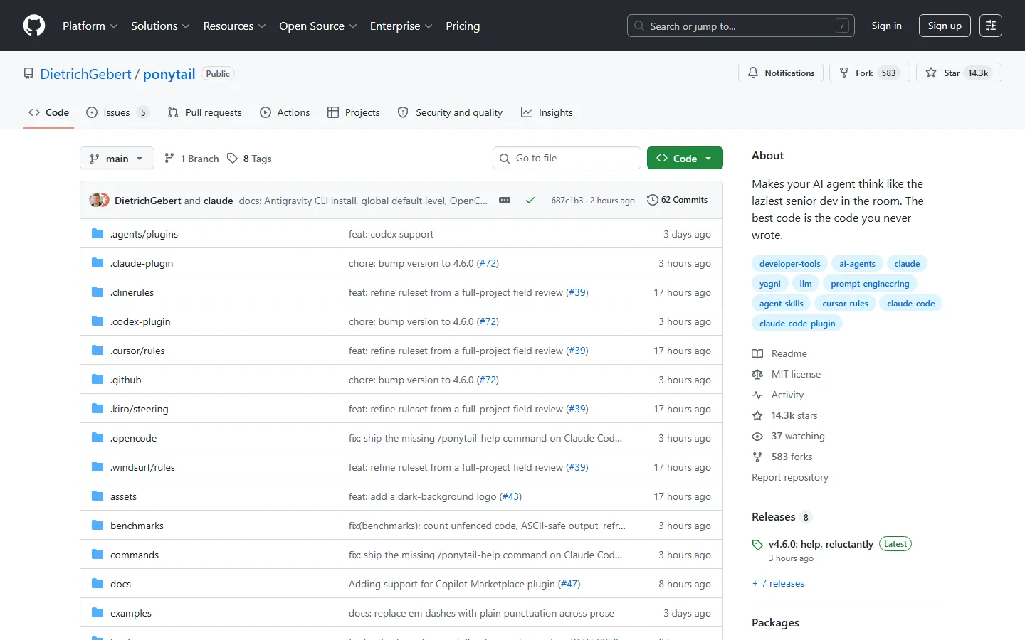 หน้า GitHub repo ของ Ponytail แสดงยอดดาว 14.3k, สัญญาอนุญาต MIT และคำโปรยว่าทำให้ AI คิดแบบซีเนียร์ที่ขี้เกียจที่สุดในห้อง