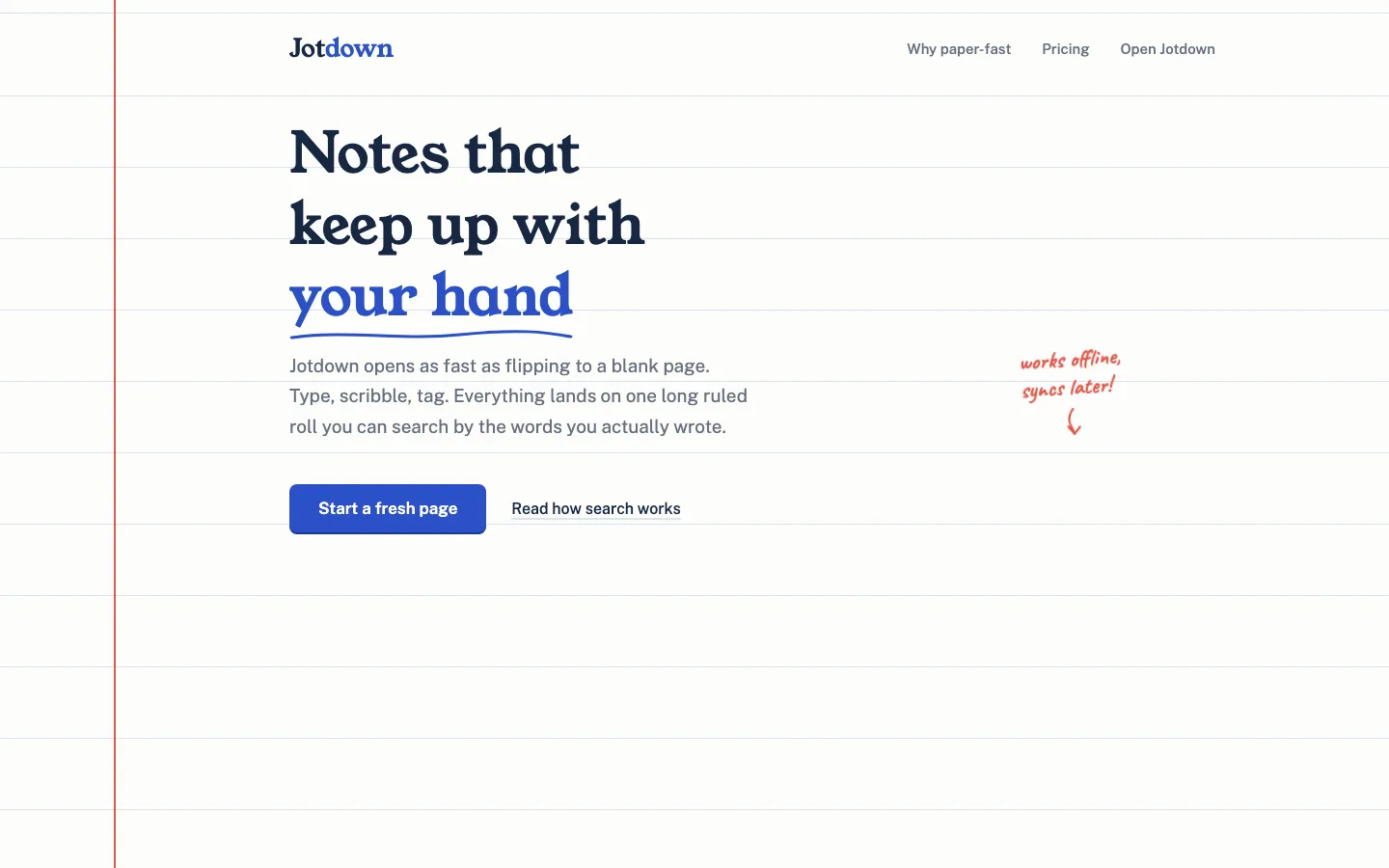hero เวอร์ชัน frontend-design ทั้งหน้าเป็นกระดาษสมุดมีเส้นบรรทัดและเส้นขอบสีแดง headline ฟอนต์ serif วางบนเส้น พร้อมโน้ตลายมือสีแดงข้างขอบ