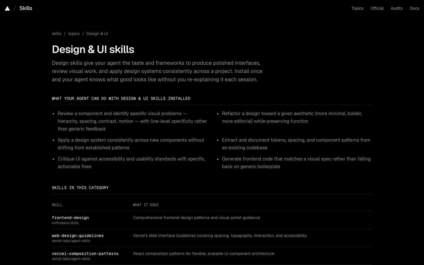หน้า Design & UI skills บน skills.sh รวม skill สายดีไซน์พร้อมคำอธิบายว่าแต่ละตัวทำอะไรให้ agent ได้บ้าง