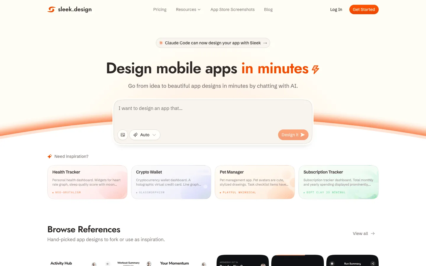 หน้าแรก sleek.design แพลตฟอร์มออกแบบแอปมือถือด้วยการแชตกับ AI พร้อมตัวอย่างดีไซน์หลายสไตล์ให้ fork
